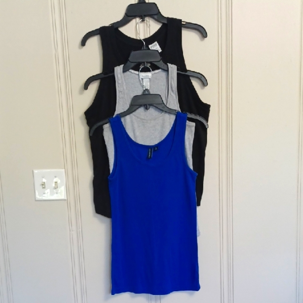 Three WL Tank Tops V.S.Pink,Cynthia Rowley, Charolette Russe Blk, Blu, Lt. Gray